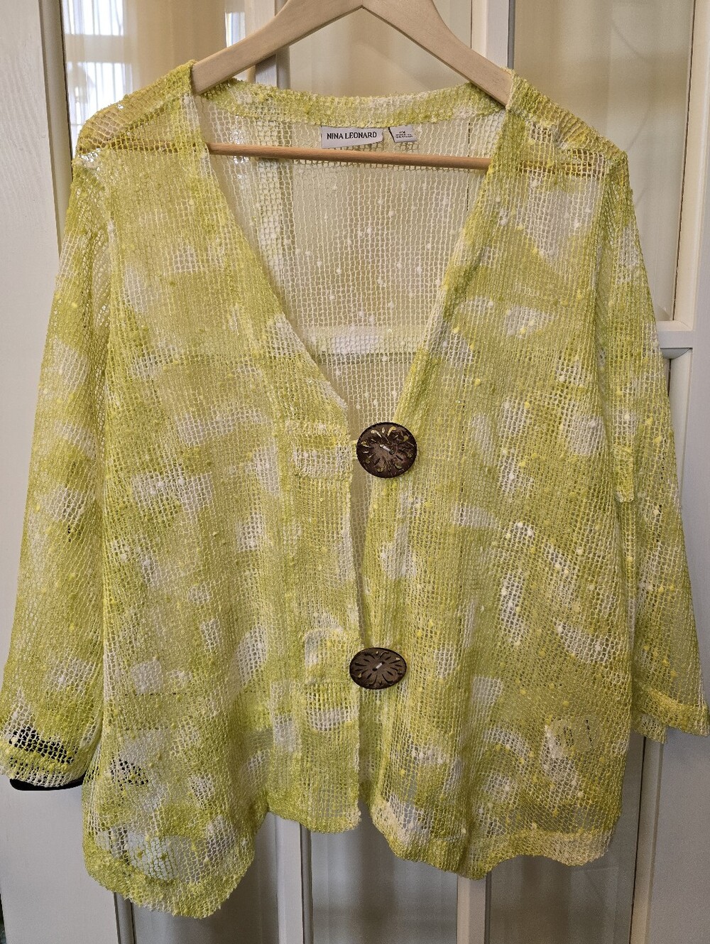 Nina Leonard Lime Open-Knit Button Cardigan